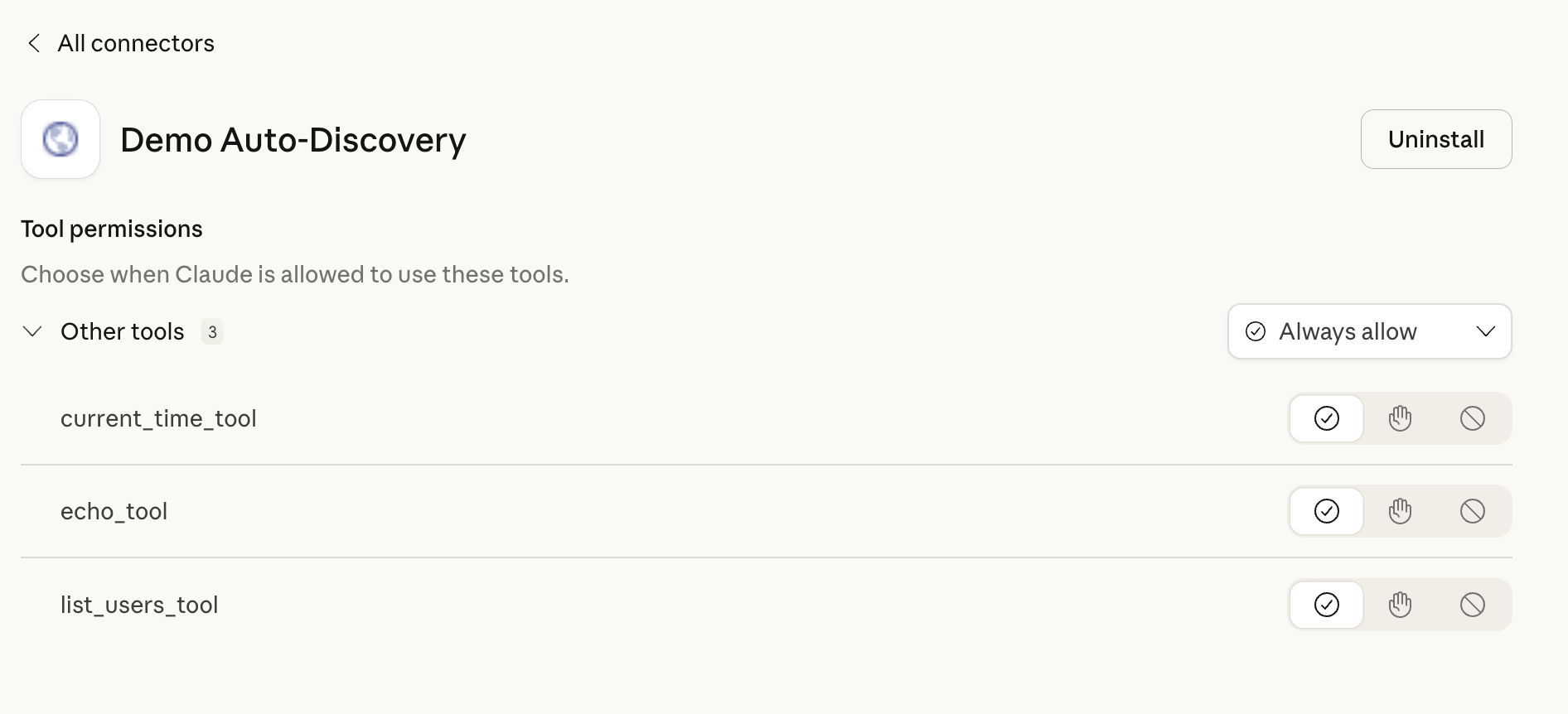 Connected MCP tools visible in Claude after successful OAuth auto-discovery