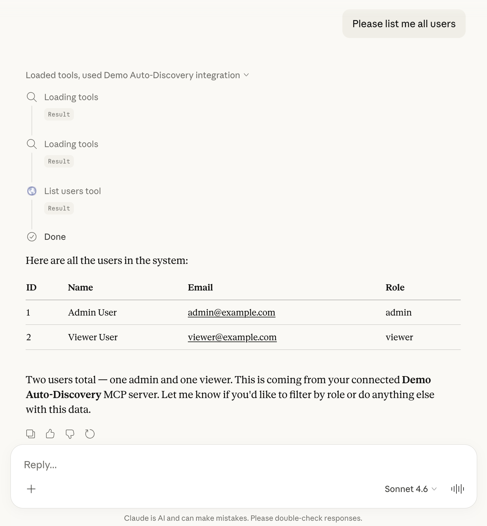 Claude using MCP tools from the connected server to list users