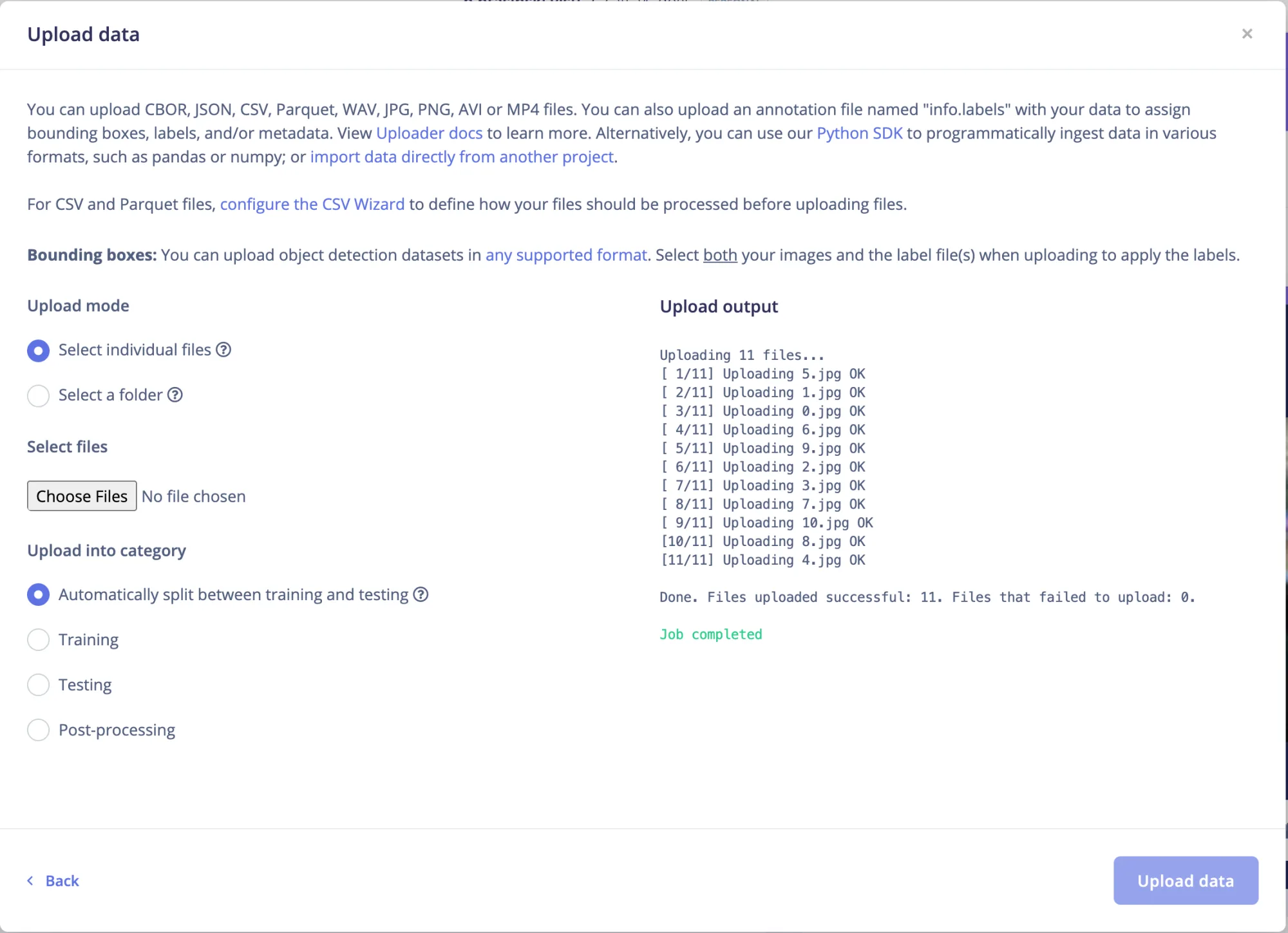 Upload data dialog