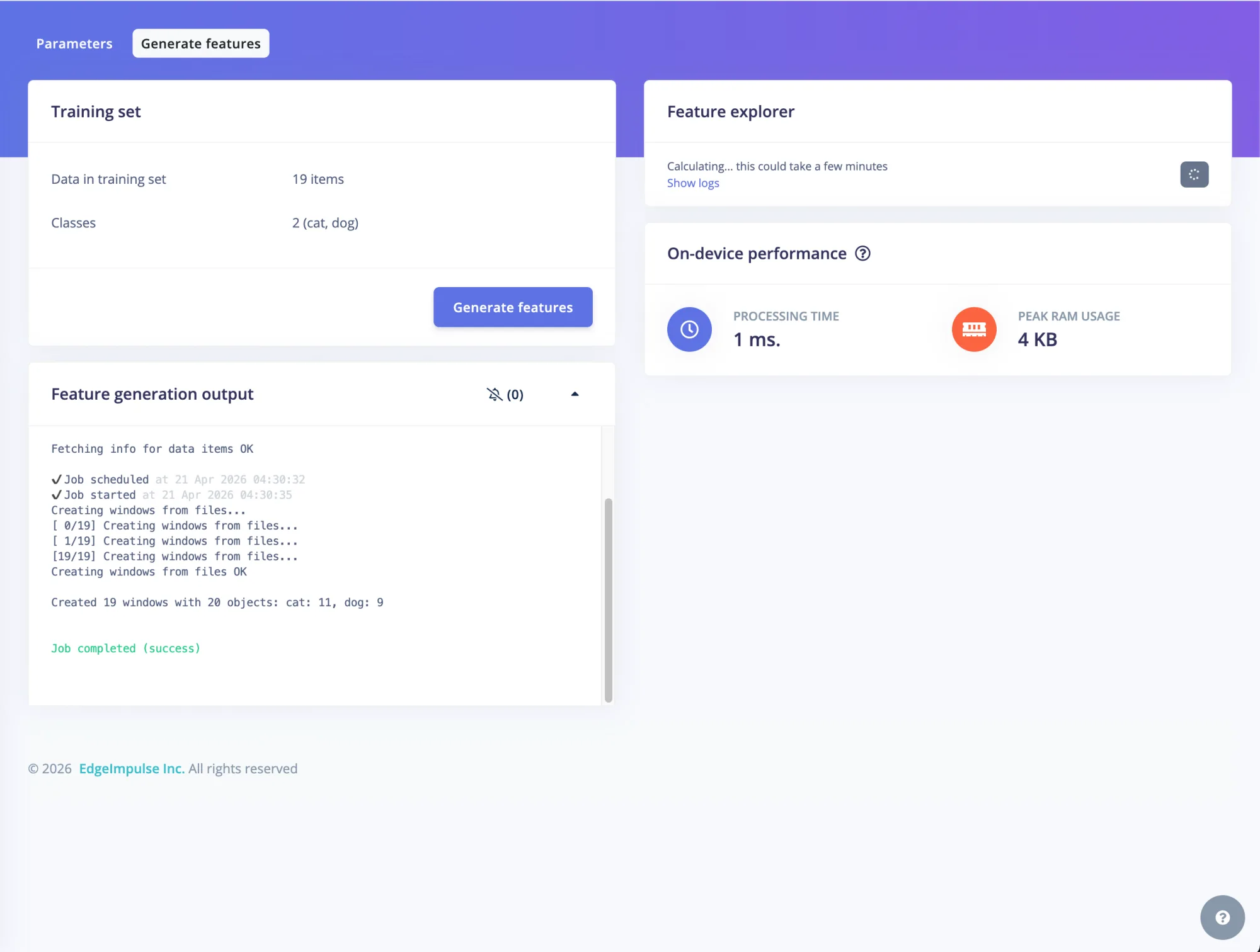 Generate features output showing a successful job