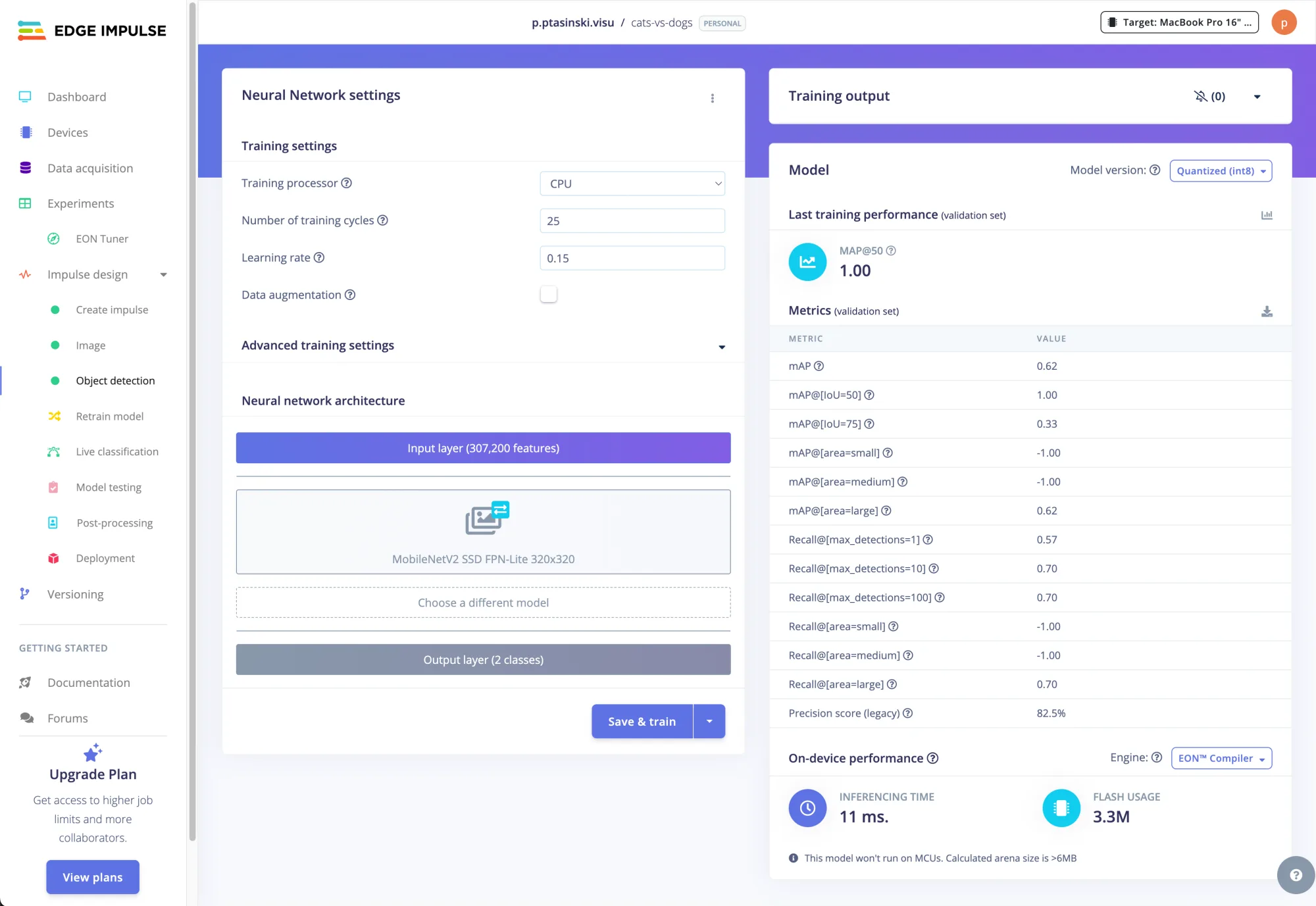 Training results showing MobileNetV2 SSD FPN-Lite metrics